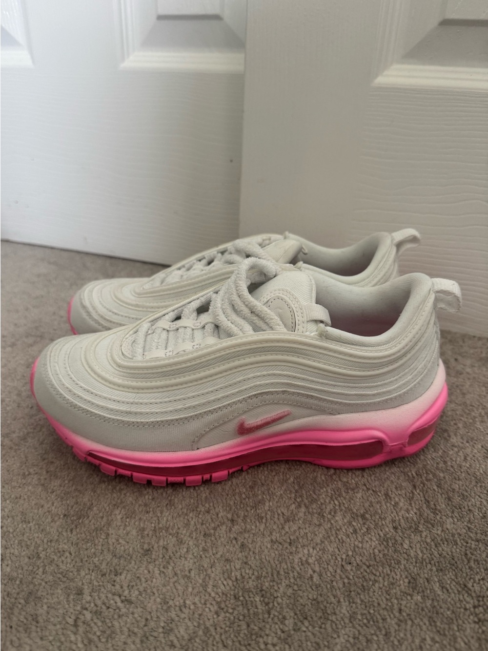 Nike Air Max 97 Low-Top Sneakers in White with Hot Pink Sole